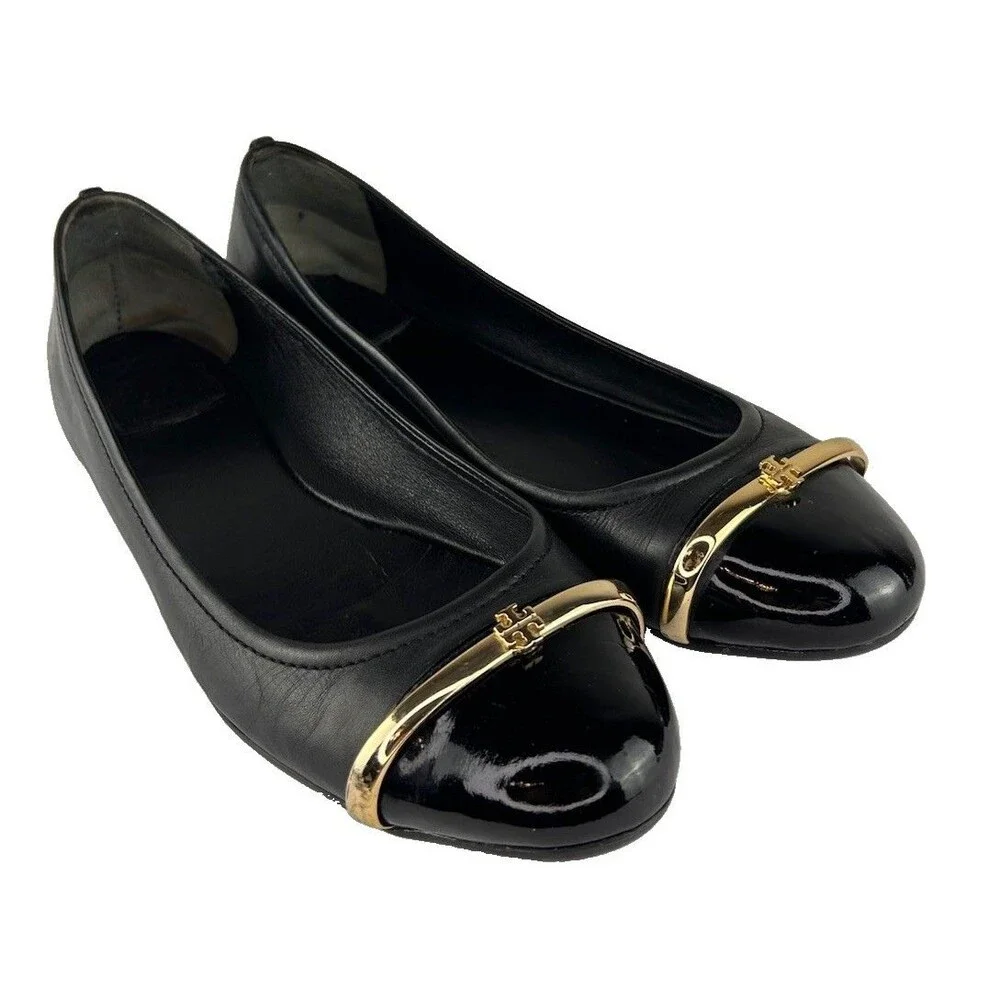 Tory Burch Pacey Black Patent Leather Toe Caps Gold Logo Ballerina Flats Size 10